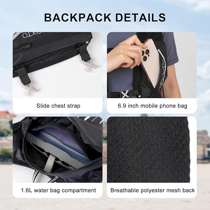 Sliding chest straps, 6.9-inch phone pocket, reservoir compartment and polyester mesh back