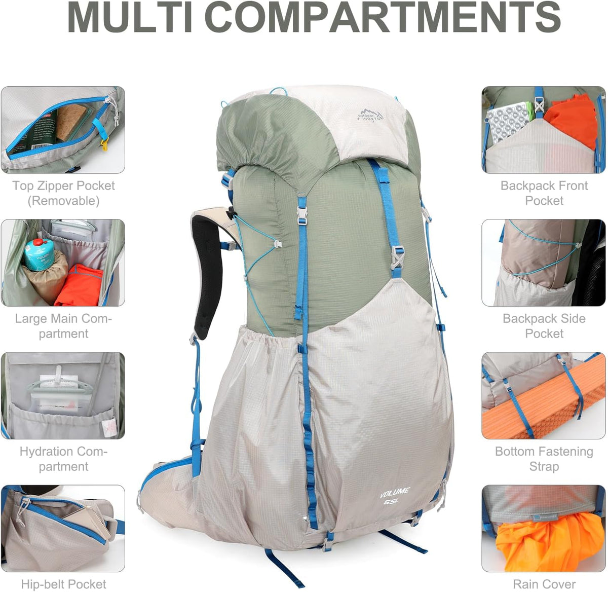 Removable top pocket, main and hydration compartments, front, side, hip pockets and rain cover