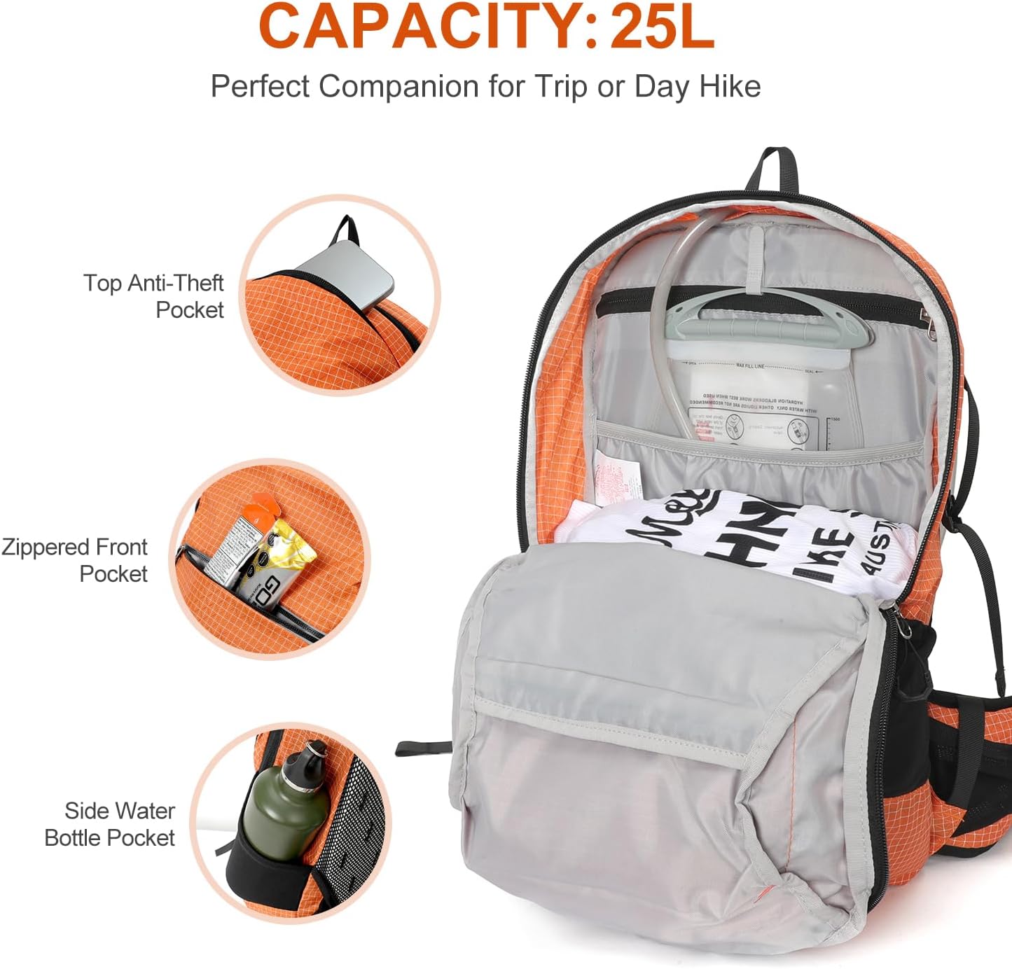 INOXTO 25L Hydration Backpack Hiking Backpack with 3L Water Bladder and Rain Cover Orange