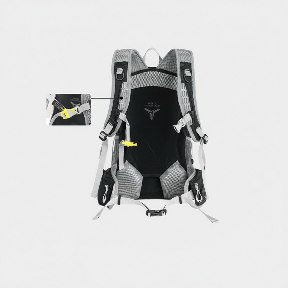 Upgraded back support, ventilated shoulder straps, whistle and zipped waist pockets