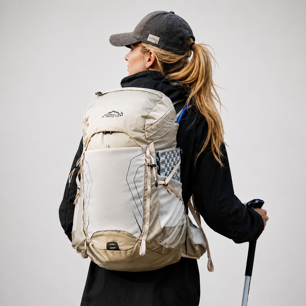 Light-coloured Ventus 28 worn on the trail with exterior equipment