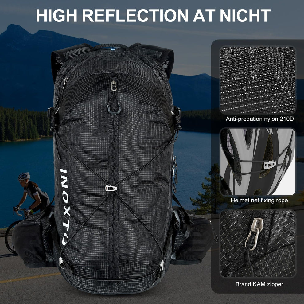 Illustrated 20 L nylon fabric, exterior helmet retention and KAM zipper details