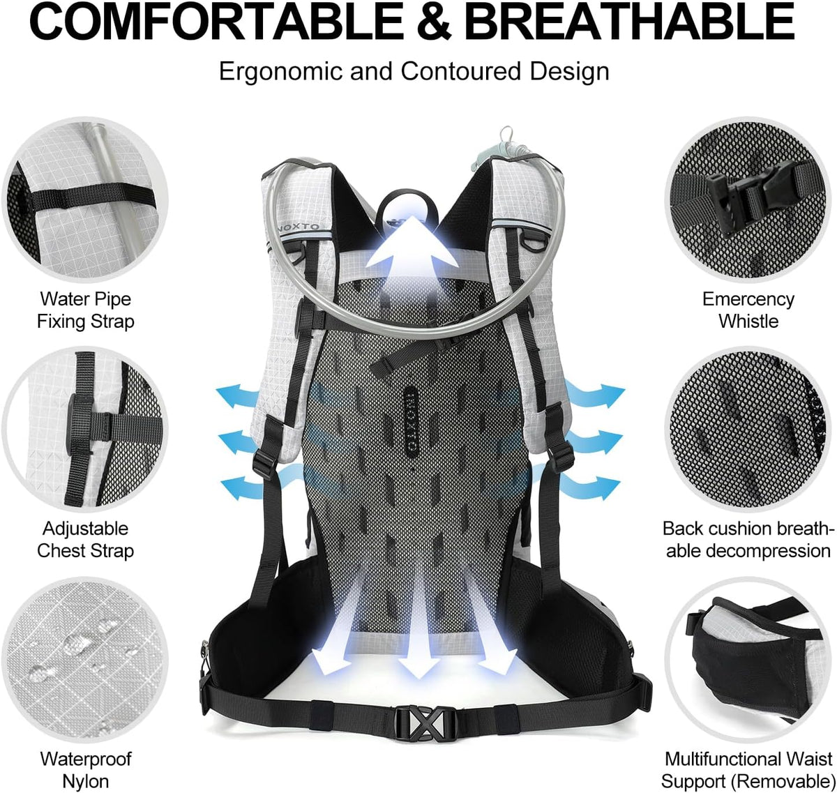 Ventilated back cushioning, chest adjustment, whistle and removable waist support