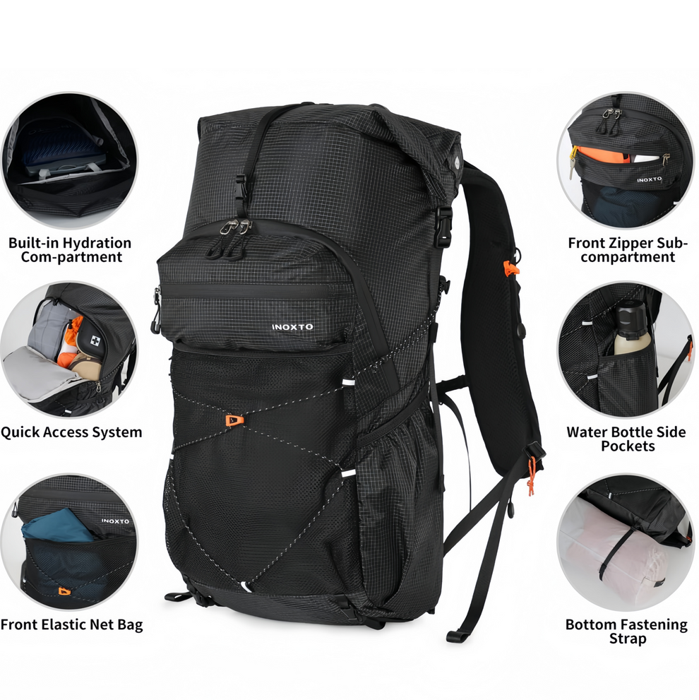 Tellus hydration compartment, quick access, front mesh, zippered storage, side pockets and bottom straps