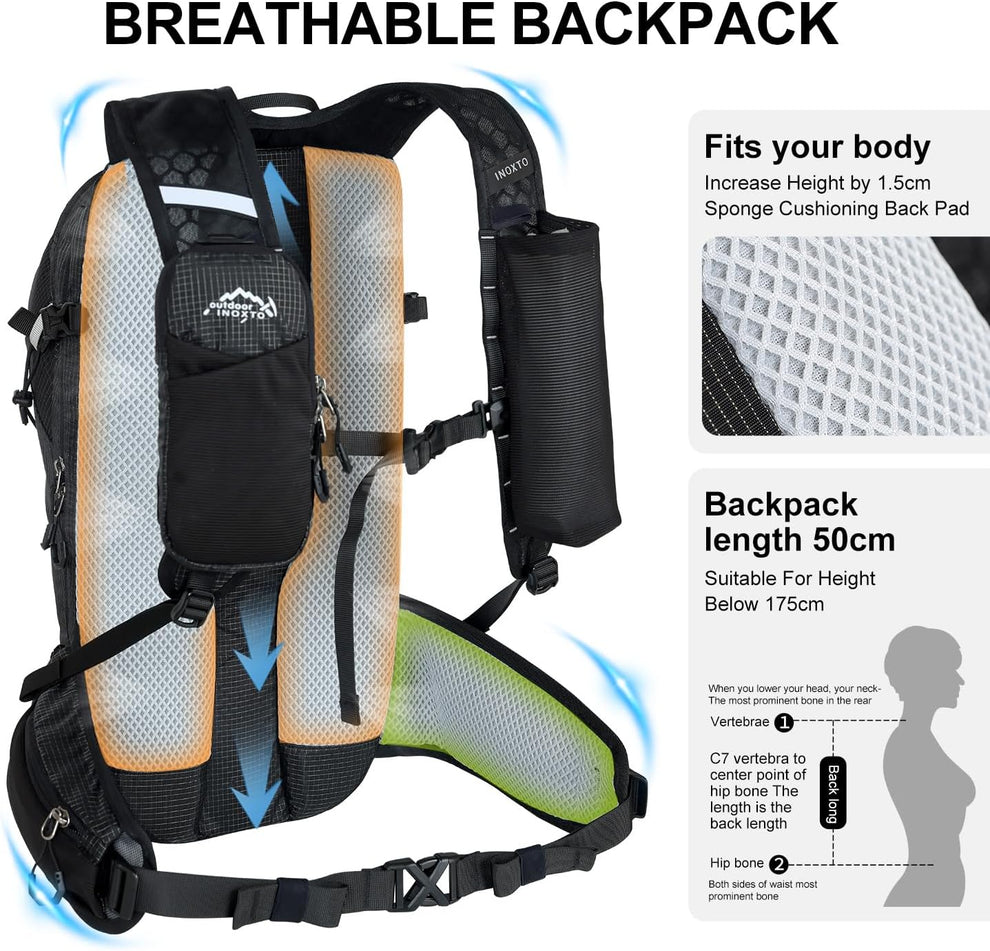 Illustrated 20 L back padding, airflow channel, shoulder pockets and waist belt