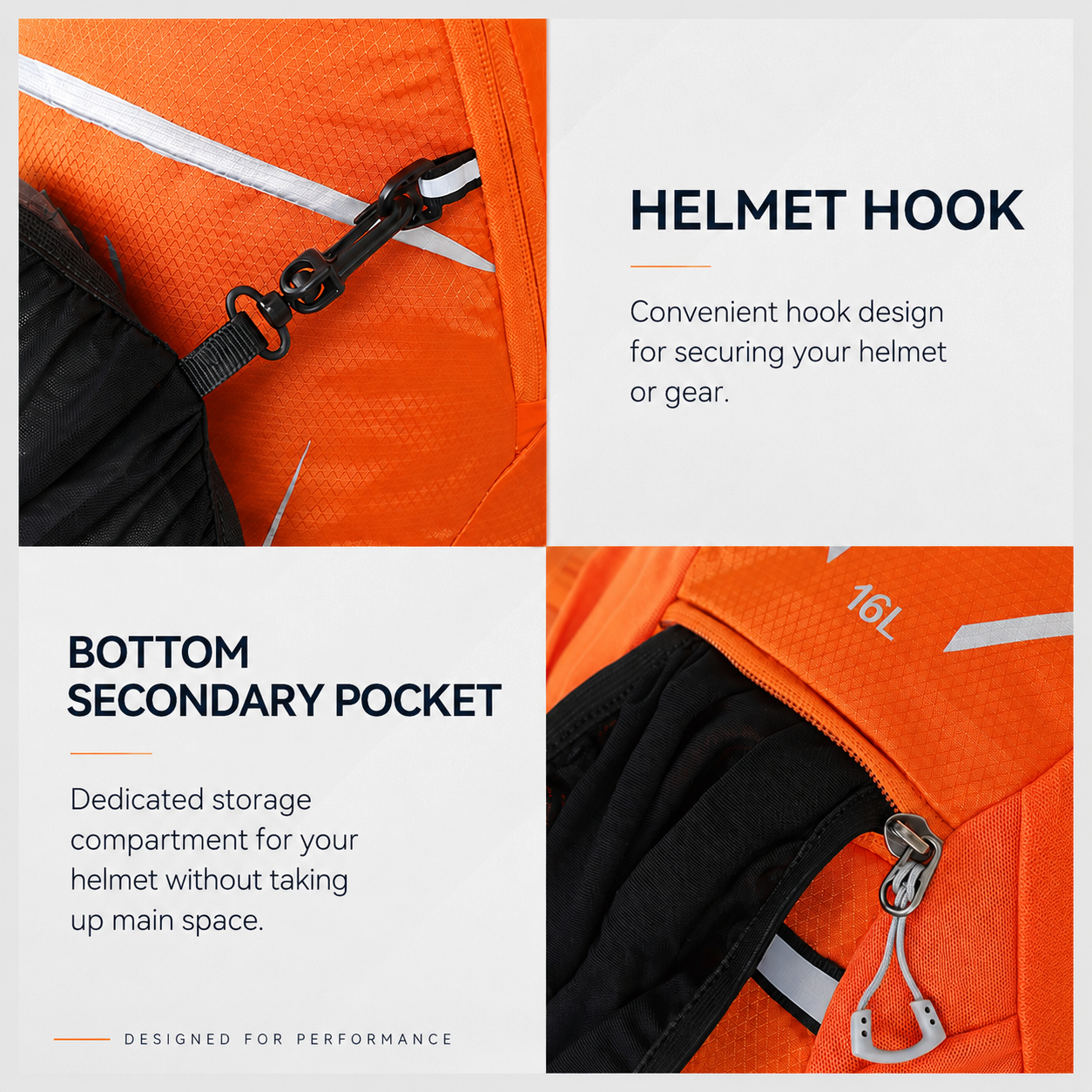 Helmet hook and lower secondary storage pocket