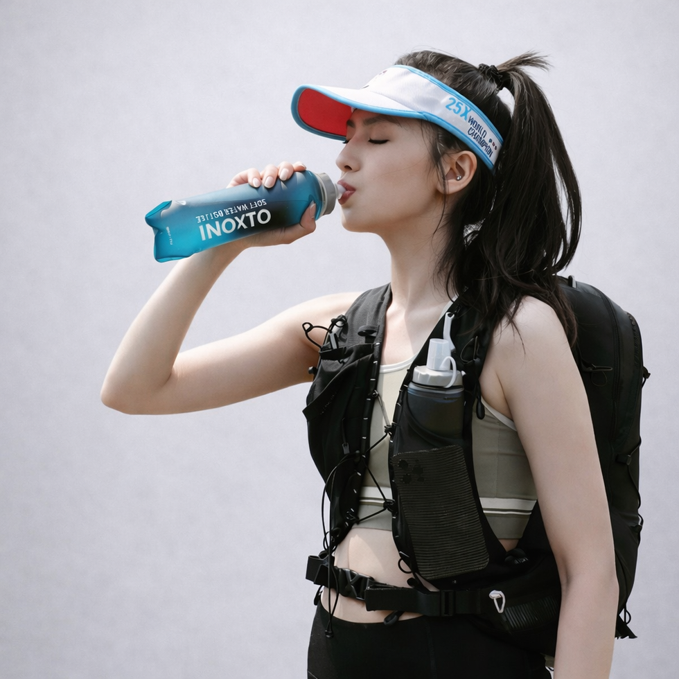 Front shoulder storage shown while using a hydration bottle