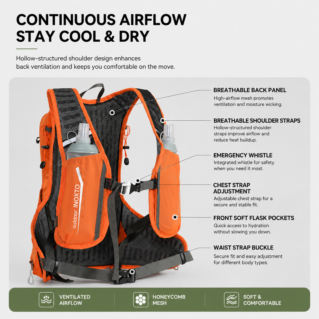 Breathable mesh, soft-flask pockets, chest adjustment, whistle and waist buckle