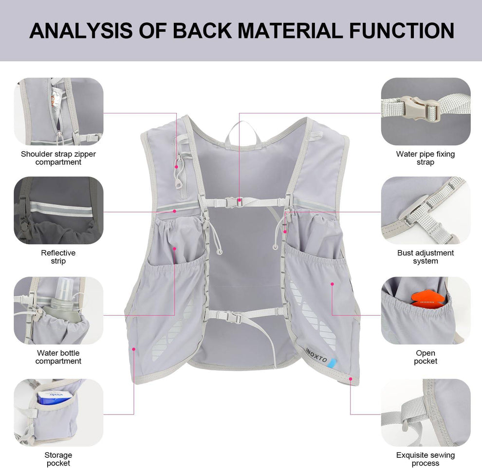 Shoulder zip compartment, reflective strip, chest adjustment, flask pockets and open storage