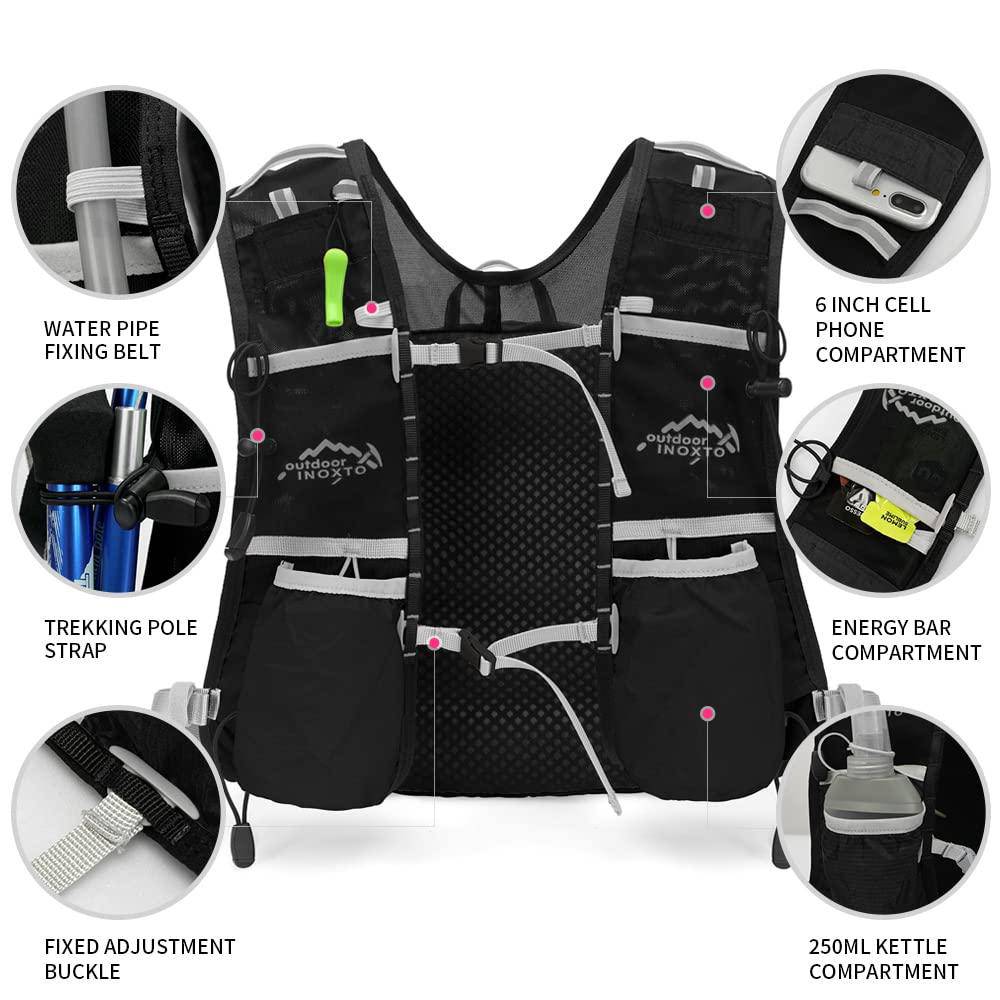 250 ml bottle compartment, 6-inch phone pocket, energy bar pockets, tube retainer and trekking pole straps