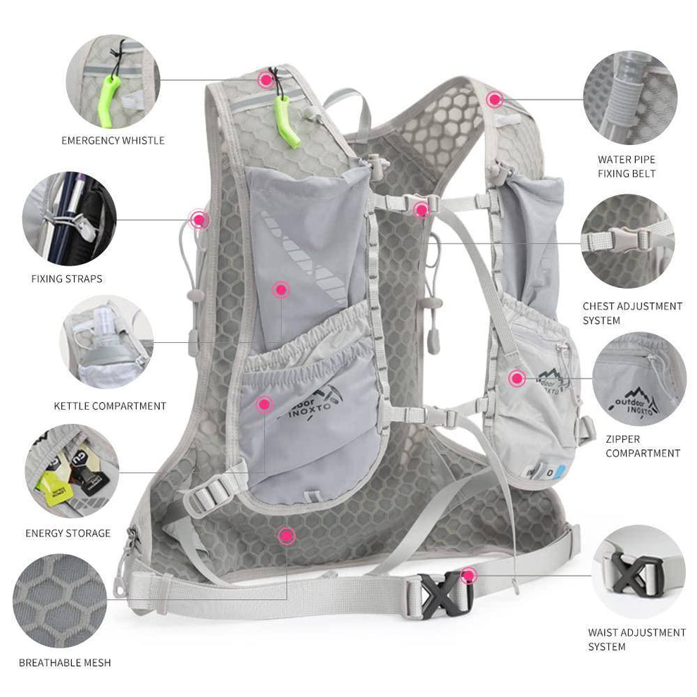 Emergency whistle, pole retainers, bottle and nutrition pockets, mesh back, chest and waist adjustment